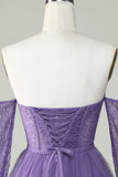 A Line Off the Shoulder Purple Corset Graduation Dress with Long Sleeves