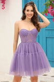 Purple Corset Detachable Long Sleeves A-Line Graduation Dress