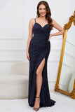 Mermaid Spaghetti Straps Navy Long Prom Dress with Beading