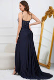 Mermaid Spaghetti Straps Navy Long Prom Dress with Beading