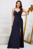 Mermaid Spaghetti Straps Navy Long Prom Dress with Beading