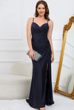 Mermaid Spaghetti Straps Navy Long Prom Dress with Beading