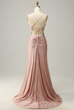 Mermaid Spaghetti Straps Blush Long Prom Dress with Beading