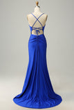 Mermaid Spaghetti Straps Royal Blue Long Prom Dress with Beading