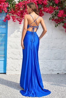 Mermaid Spaghetti Straps Royal Blue Long Prom Dress with Split Front