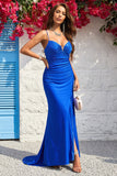 Mermaid Spaghetti Straps Royal Blue Long Prom Dress with Split Front