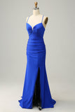 Mermaid Spaghetti Straps Royal Blue Long Prom Dress with Beading