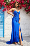 Mermaid Spaghetti Straps Royal Blue Long Prom Dress with Split Front