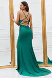 Mermaid Spaghetti Straps Dark Green Long Prom Dress with Criss Cross Back