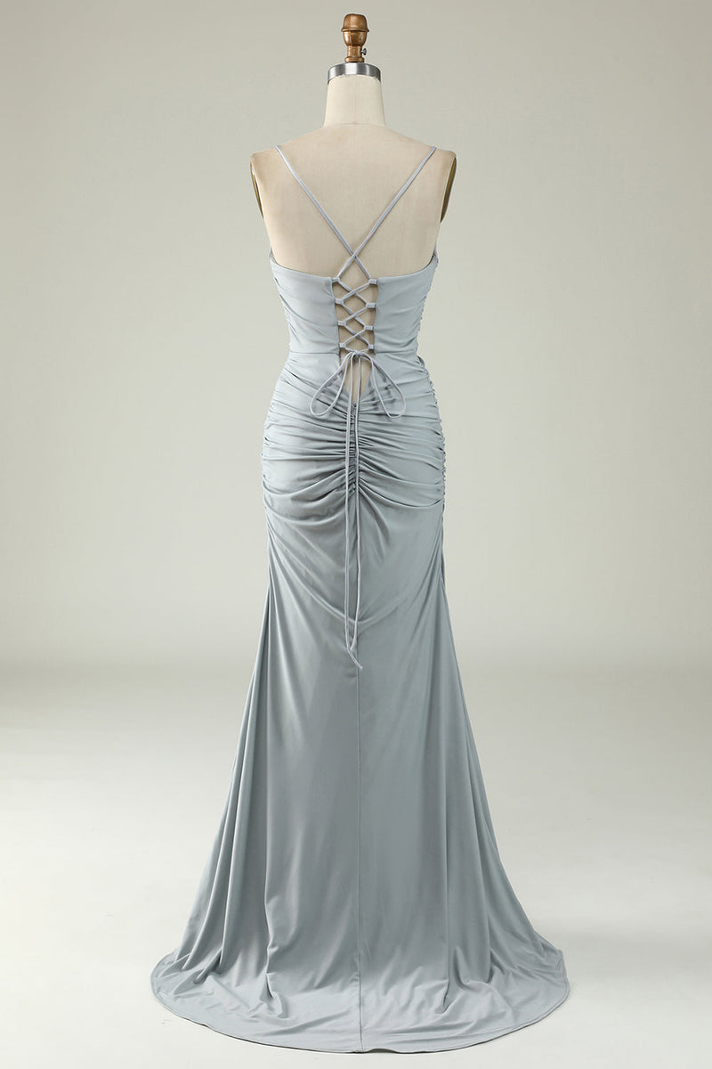 Load image into Gallery viewer, Mermaid Spaghetti Straps Grey Long Prom Dress with Criss Cross Back