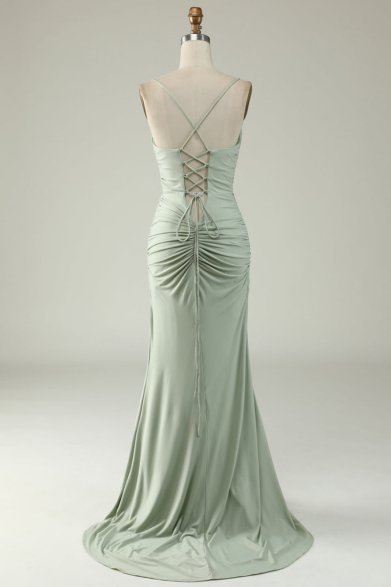 Load image into Gallery viewer, Mermaid Spaghetti Straps Dark Green Long Prom Dress with Criss Cross Back