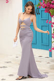 Mermaid Spaghetti Straps Grey Blue Long Prom Dress with Keyhole