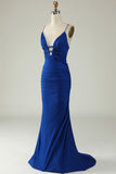 Mermaid Spaghetti Straps Royal Blue Plus Size Prom Dress with Criss Cross Back