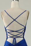 Mermaid Spaghetti Straps Royal Blue Plus Size Prom Dress with Criss Cross Back