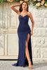 Load image into Gallery viewer, Mermaid Spaghetti Straps Navy Long Prom Dress with Criss Cross Back