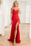 Mermaid Spaghetti Straps Red Long Prom Dress with Split Front