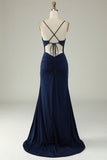 Mermaid Spaghetti Straps Navy Plus Size Prom Dress with Split Front