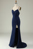 Load image into Gallery viewer, Mermaid Spaghetti Straps Navy Plus Size Prom Dress with Split Front