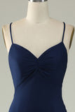 Mermaid Spaghetti Straps Navy Plus Size Prom Dress with Split Front