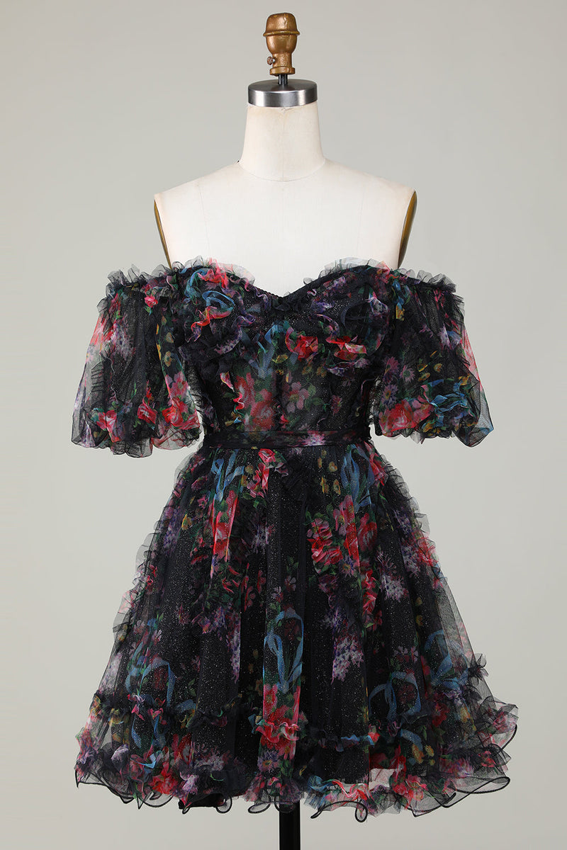 Load image into Gallery viewer, Stylish A Line Off the Shoulder Black Tulle Short Homecoming Dress with Short Sleeves