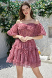 Beautiful A Line Off the Shoulder Dusty Rose Tulle Short Homecoming Dress with Short Sleeves