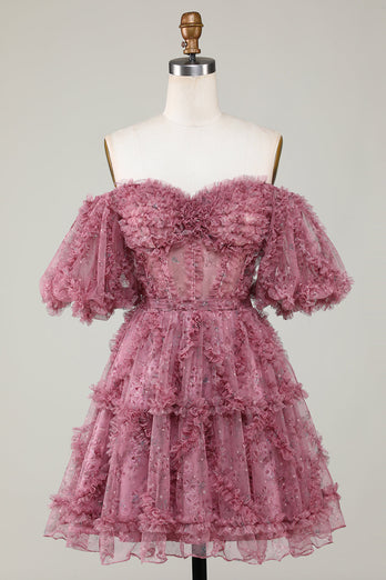 Stylish A Line Off the Shoulder Dusty Rose Tulle Short Homecoming Dress with Short Sleeves
