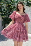 Beautiful A Line Off the Shoulder Dusty Rose Tulle Short Homecoming Dress with Short Sleeves