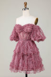 Gorgeous A Line Off the Shoulder Fuchsia Tulle Short Homecoming Dress with Short Sleeves