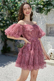 Beautiful A Line Off the Shoulder Fuchsia Tulle Short Homecoming Dress with Short Sleeves