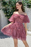 Beautiful A Line Off the Shoulder Fuchsia Tulle Short Homecoming Dress with Short Sleeves