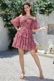 Beautiful A Line Off the Shoulder Fuchsia Tulle Short Homecoming Dress with Short Sleeves