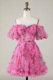 Beautiful A Line Off the Shoulder Dusty Rose Tulle Short Homecoming Dress with Short Sleeves