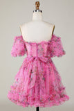 Beautiful A Line Off the Shoulder Dusty Rose Tulle Short Homecoming Dress with Short Sleeves