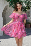 Beautiful A Line Off the Shoulder Fuchsia Tulle Short Homecoming Dress with Short Sleeves