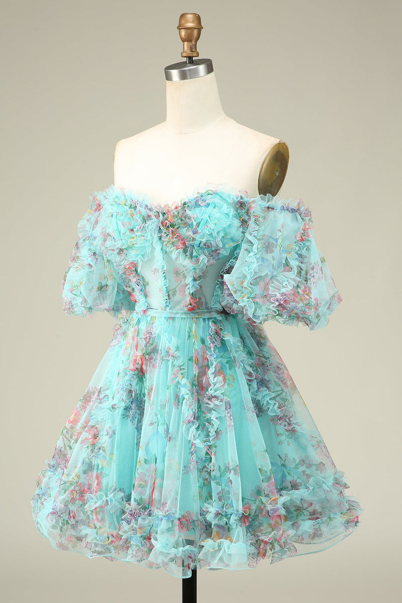 Load image into Gallery viewer, Gorgeous A Line Off the Shoulder Green Tulle Short Homecoming Dress with Short Sleeves
