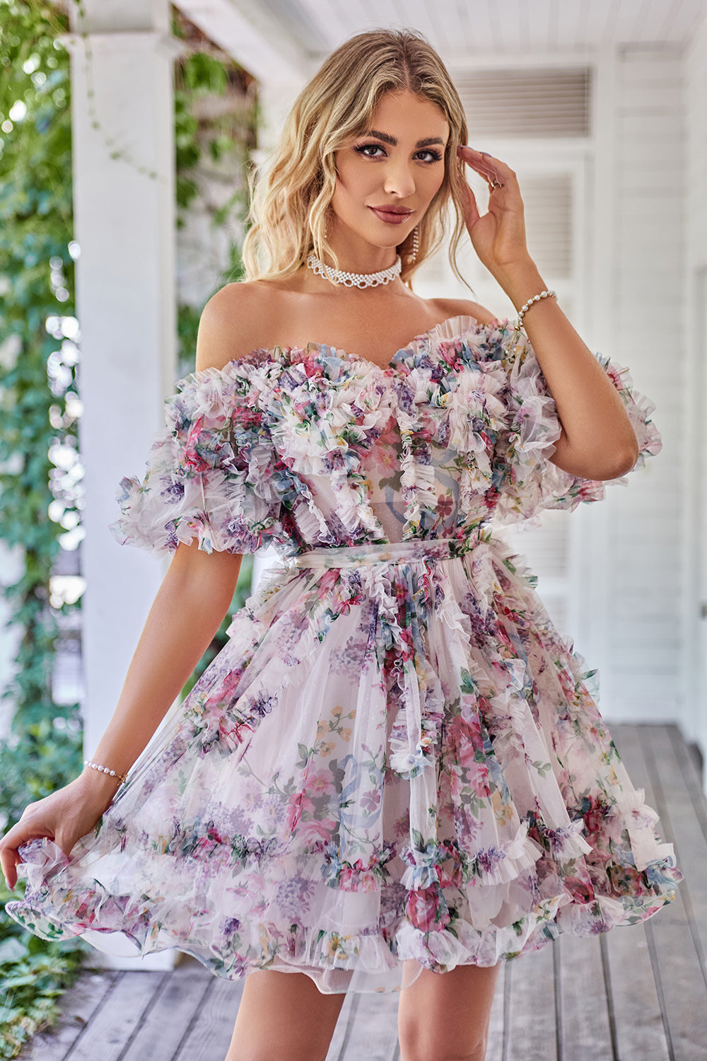 A Line Off the Shoulder Ivory Red Flower Printed Cute Graduation Dress