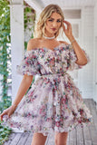 A Line Off the Shoulder Ivory Red Flower Printed Cute Graduation Dress