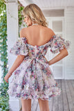 A Line Off the Shoulder Ivory Red Flower Printed Cute Graduation Dress