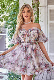 A Line Off the Shoulder Ivory Red Flower Printed Cute Graduation Dress