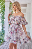 A Line Off the Shoulder Ivory Red Flower Printed Cute Graduation Dress