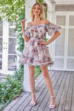 A Line Off the Shoulder Ivory Red Flower Printed Cute Graduation Dress