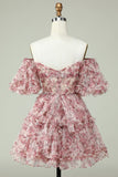 Off the Shoulder Graduation Dress with Floral Print