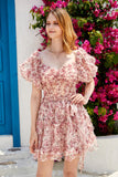 A Line Off the Shoulder Ivory Red Flower Printed Cute Graduation Dress