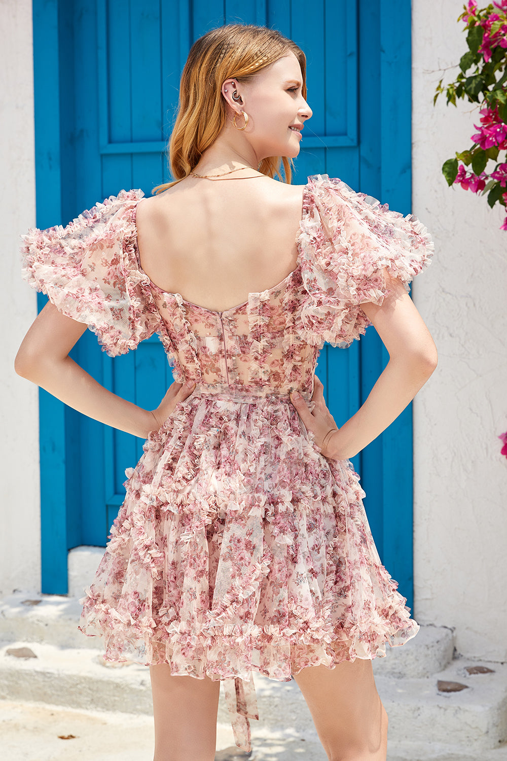 A Line Off the Shoulder Ivory Red Flower Printed Cute Graduation Dress