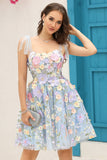 Blue Corset A-Line Short Graduation Dress with 3D Flowers