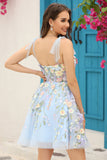 Blue Corset A-Line Short Graduation Dress with 3D Flowers