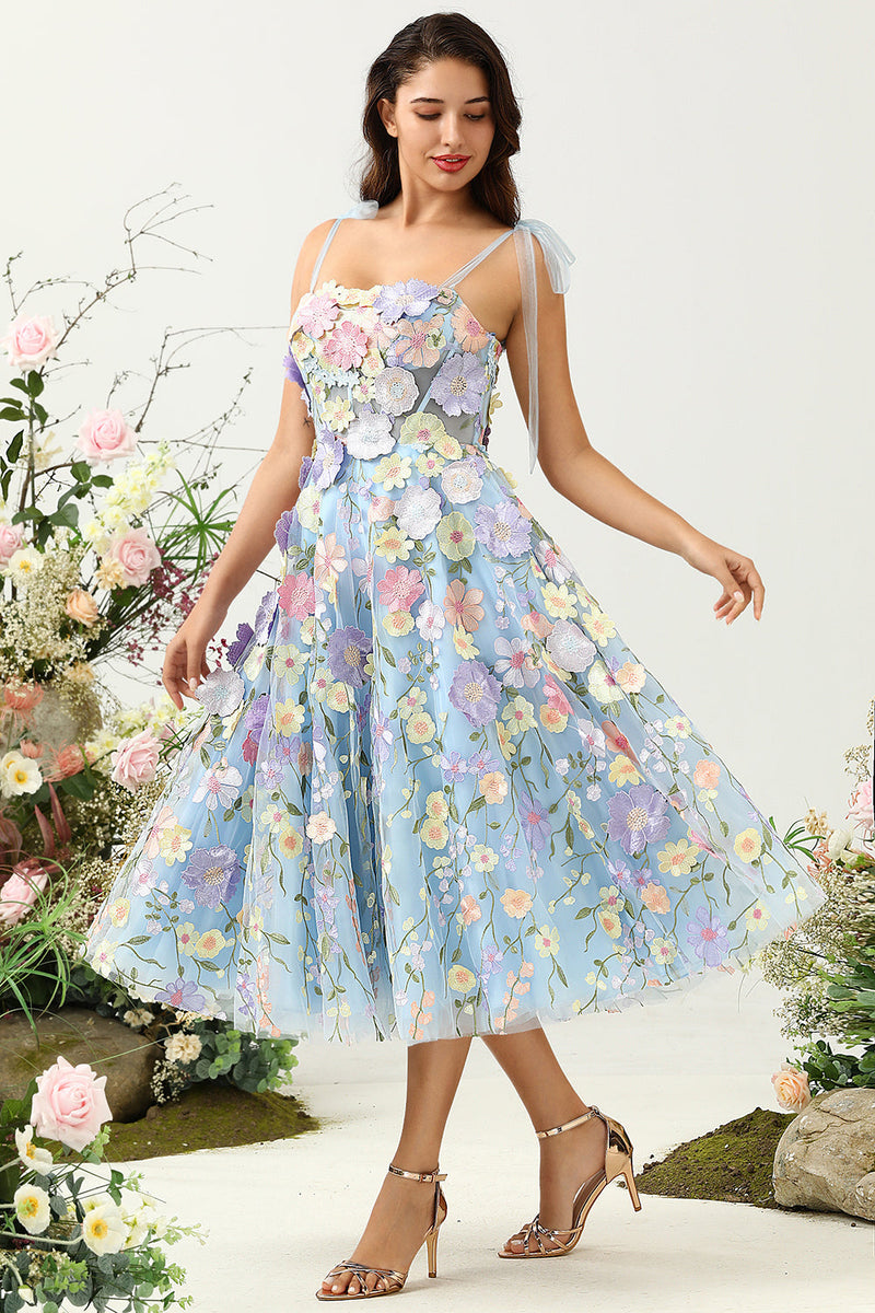 Load image into Gallery viewer, Cute A Line Spaghetti Straps Blue Tea Length Prom Dress with 3D Flowers
