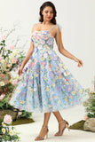 Cute A Line Spaghetti Straps Blue Tea Length Prom Dress with 3D Flowers