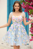 Blue Corset A-Line Short Graduation Dress with 3D Flowers