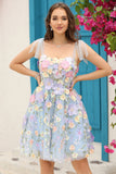 Blue Corset A-Line Short Graduation Dress with 3D Flowers